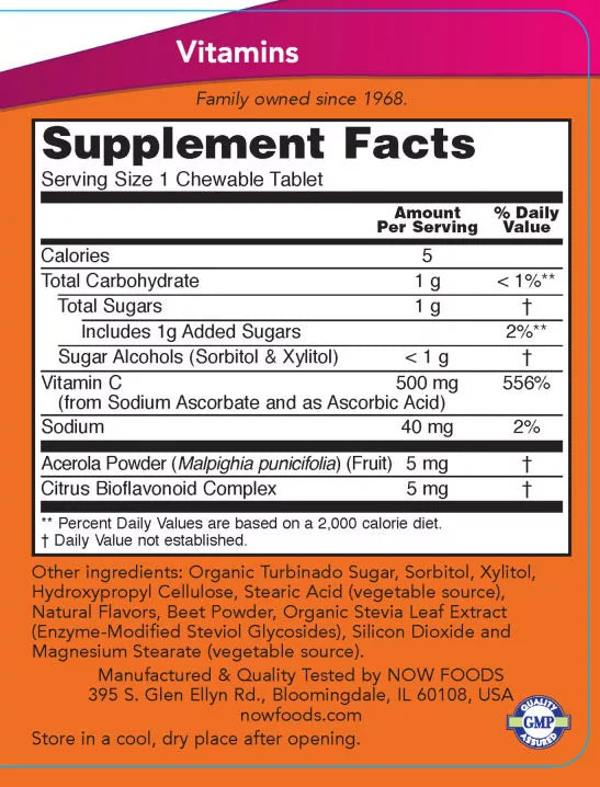 Now Foods Vitamin C-500 Chewable (100 Lozenges, Cherry Berry)