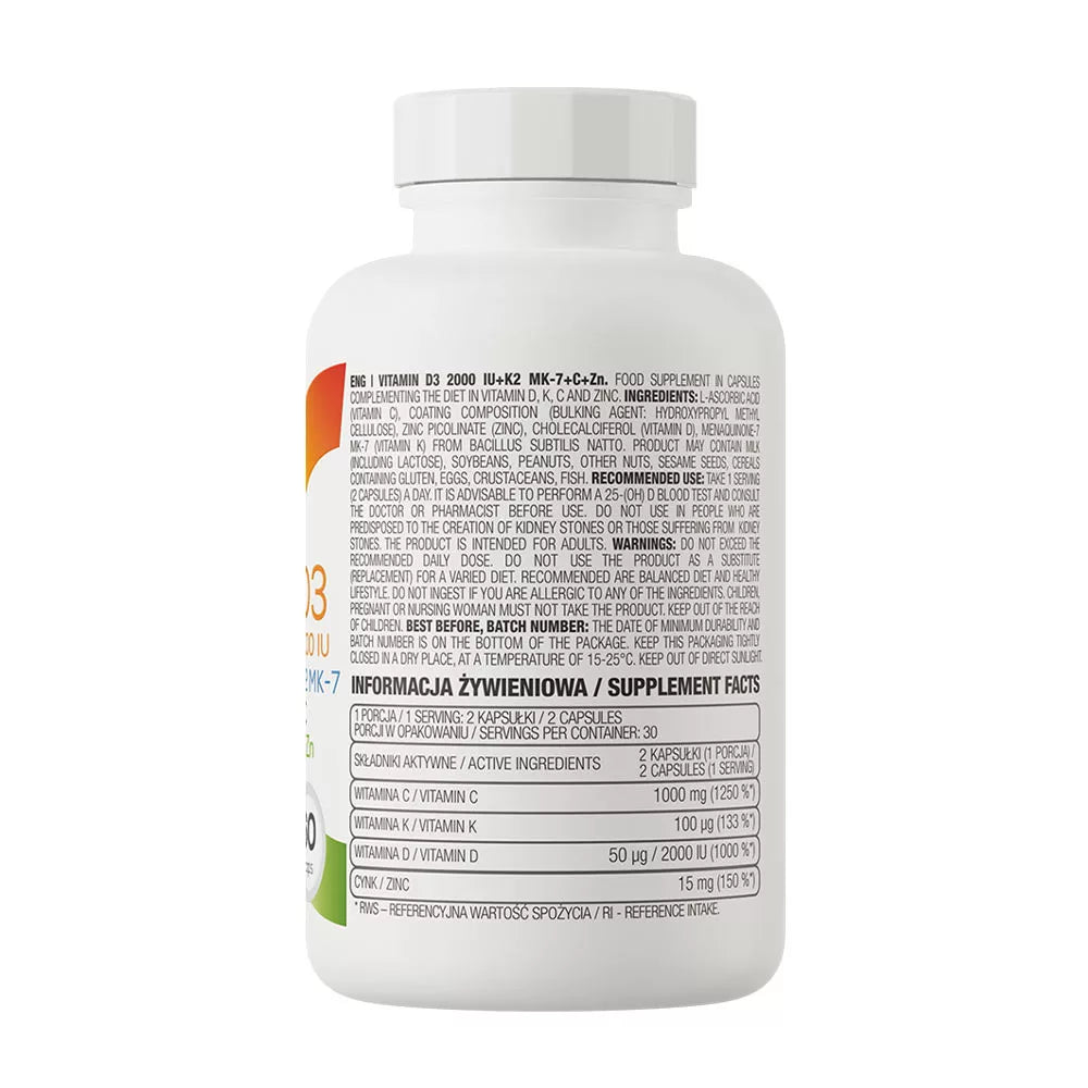 OstroVit Vitamin D3 2000 IU + K2 MK-7 + C + Zinc (60 Capsules)