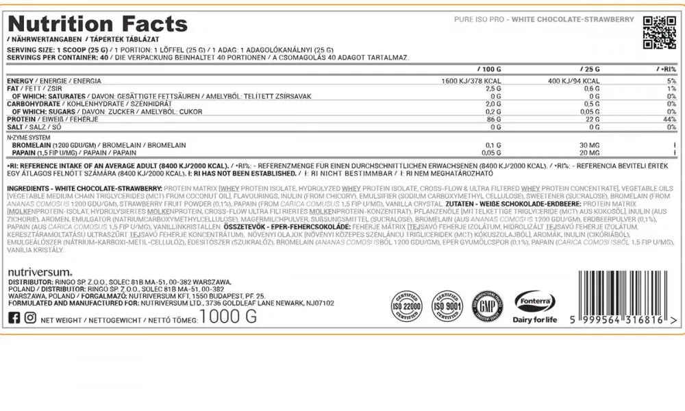 Nutriversum ISO PRO - PURE (1000 g, Strawberry White Chocolate)