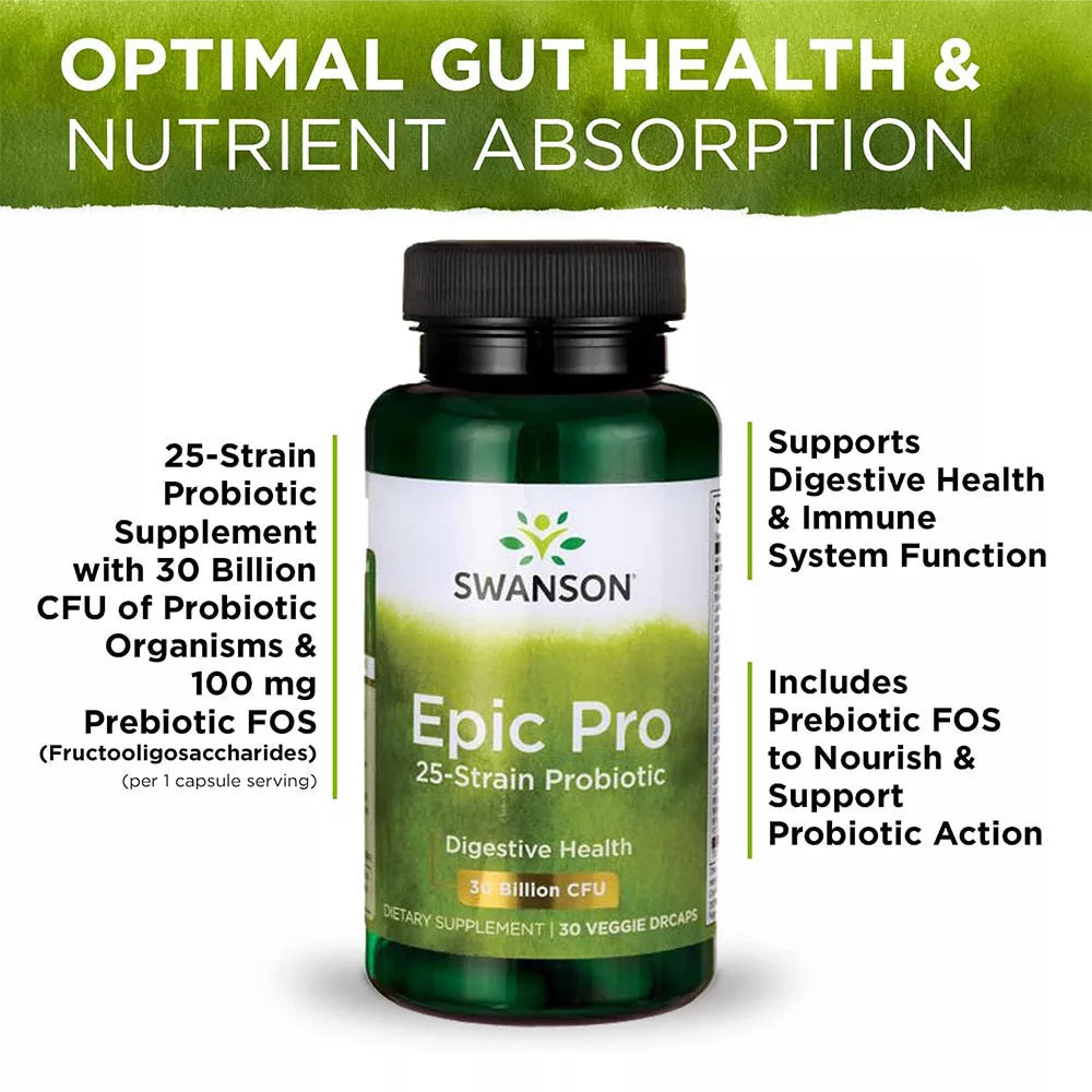 Swanson Epic Pro 25-Strain Probiotic 30 BILLION CFU (30 Veg Capsules)