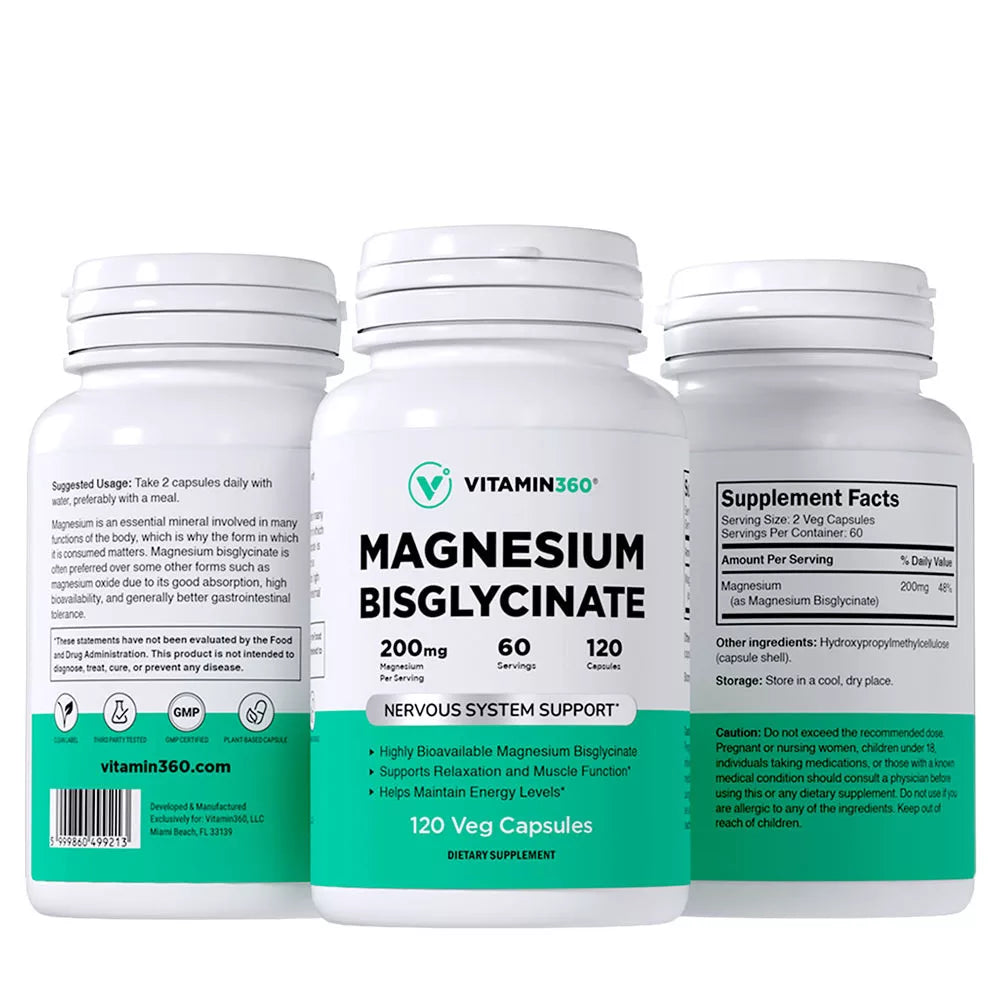 Vitamin360 Magnesium Bisglycinate 200 mg (120 Veg Capsules)