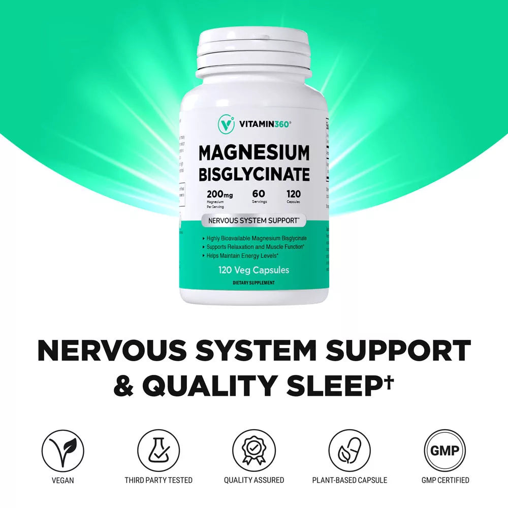 Vitamin360 Magnesium Bisglycinate 200 mg (120 Veg Capsules)