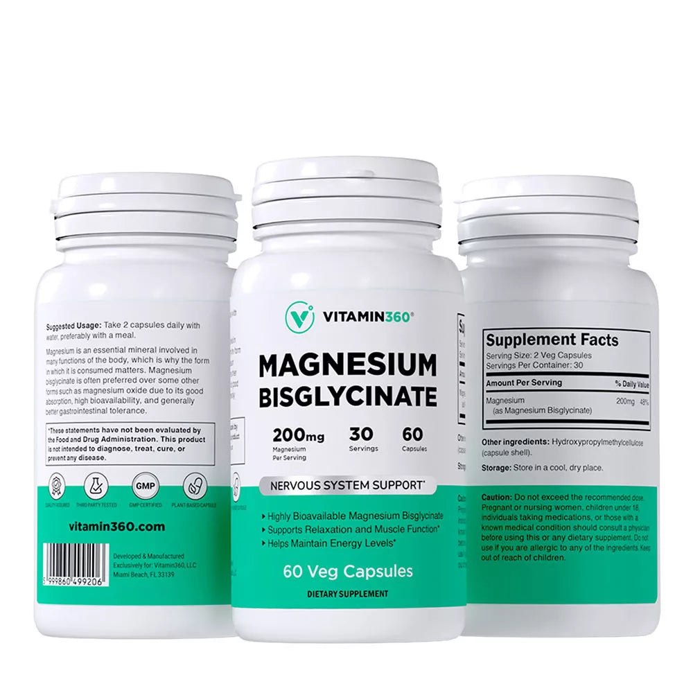 Vitamin360 Magnesium Bisglycinate 200 mg (60 Veg Capsules)