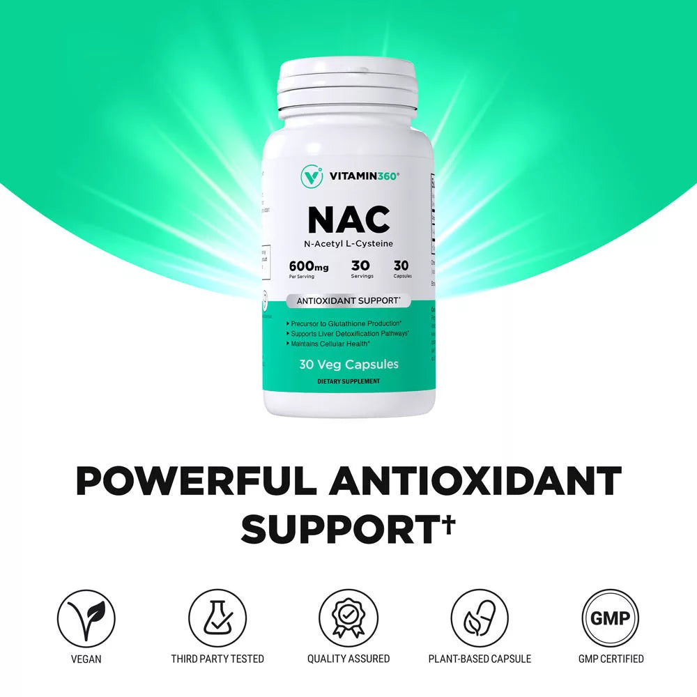 Vitamin360 NAC 600 mg - N-Acetyl L-Cysteine (30 Veg Capsules)