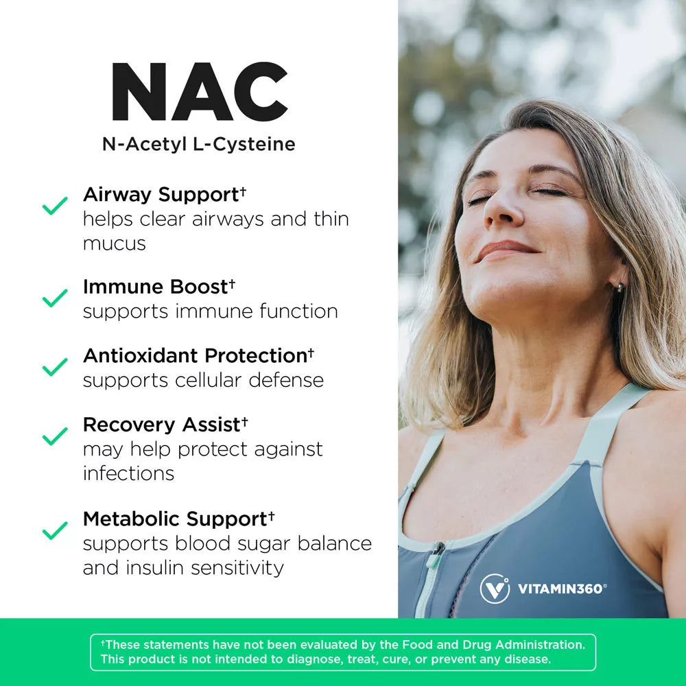 Vitamin360 NAC 600 mg - N-Acetyl L-Cysteine (60 Veg Capsules)