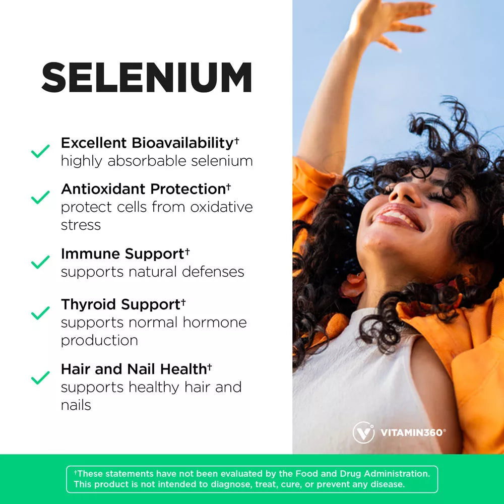 Vitamin360 Selenium 200 mcg – L-selenomethionine, Thyroid Health (30 Veg Capsules)