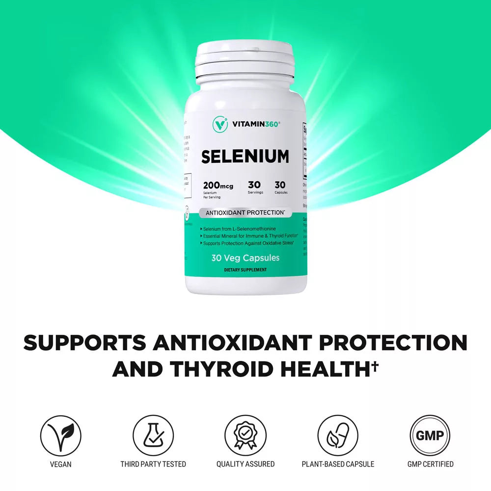 Vitamin360 Selenium 200 mcg – L-selenomethionine, Thyroid Health (30 Veg Capsules)
