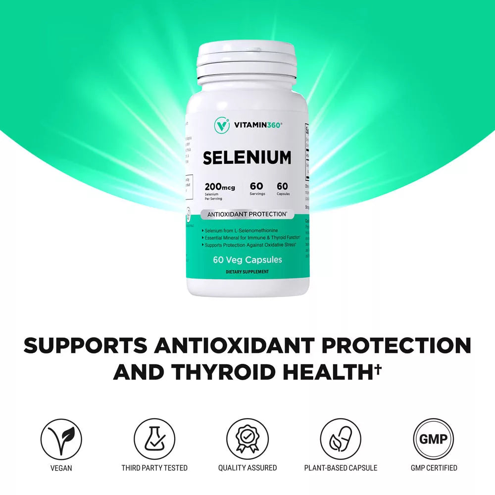 Vitamin360 Selenium 200 mcg – L-selenomethionine, Thyroid Health (60 Veg Capsules)