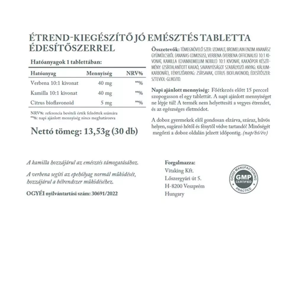 Vitaking Jó Emésztés - Herbal Complex For Digestive Support (30 Tablets)