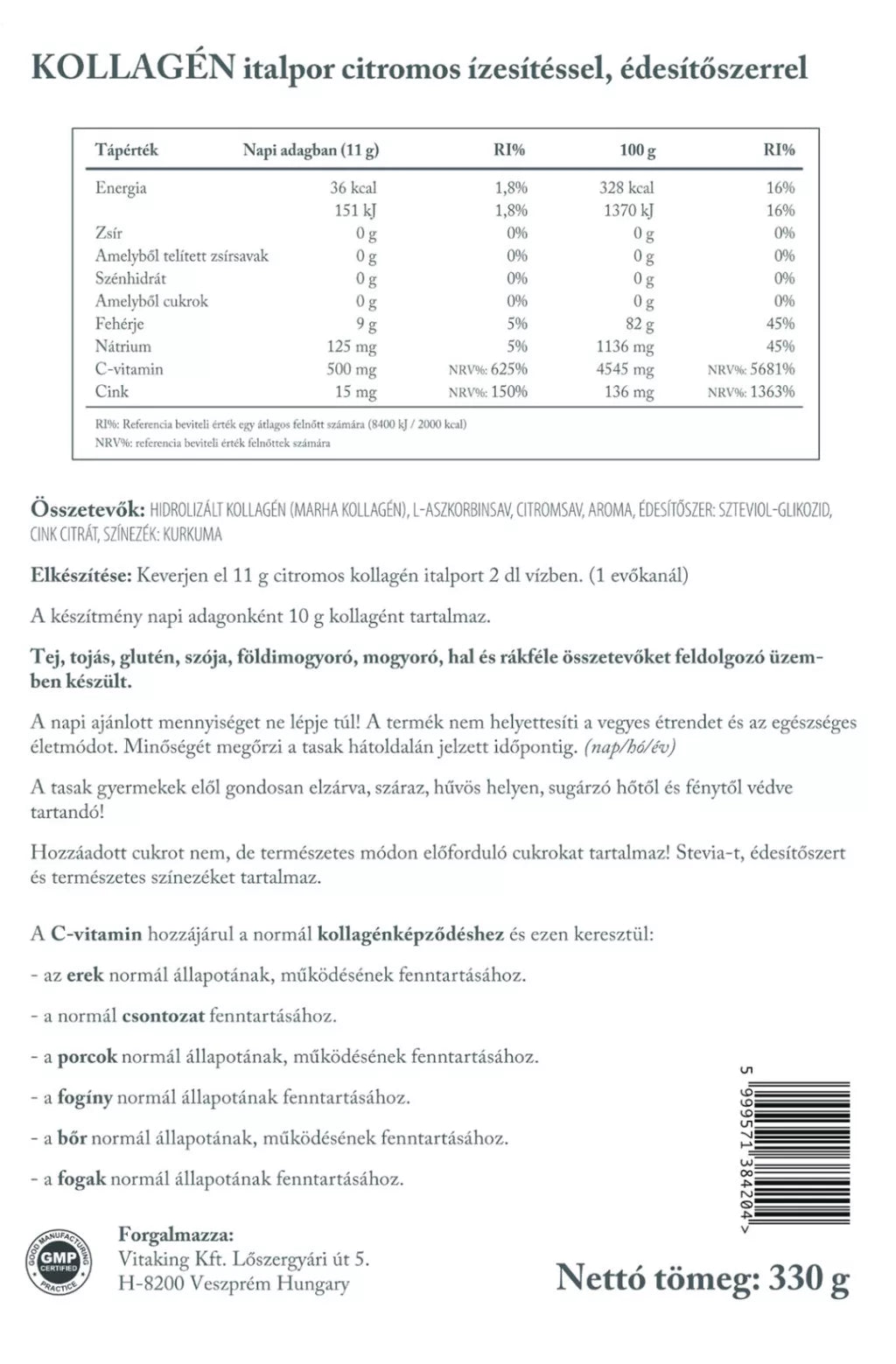 Vitaking Hydrolysed Beef Collagen (330 g, Lemon)