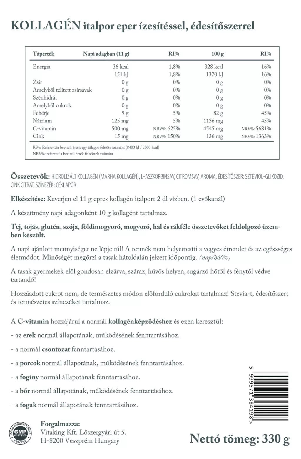 Vitaking Hydrolysed Beef Collagen (330 g, Strawberry)