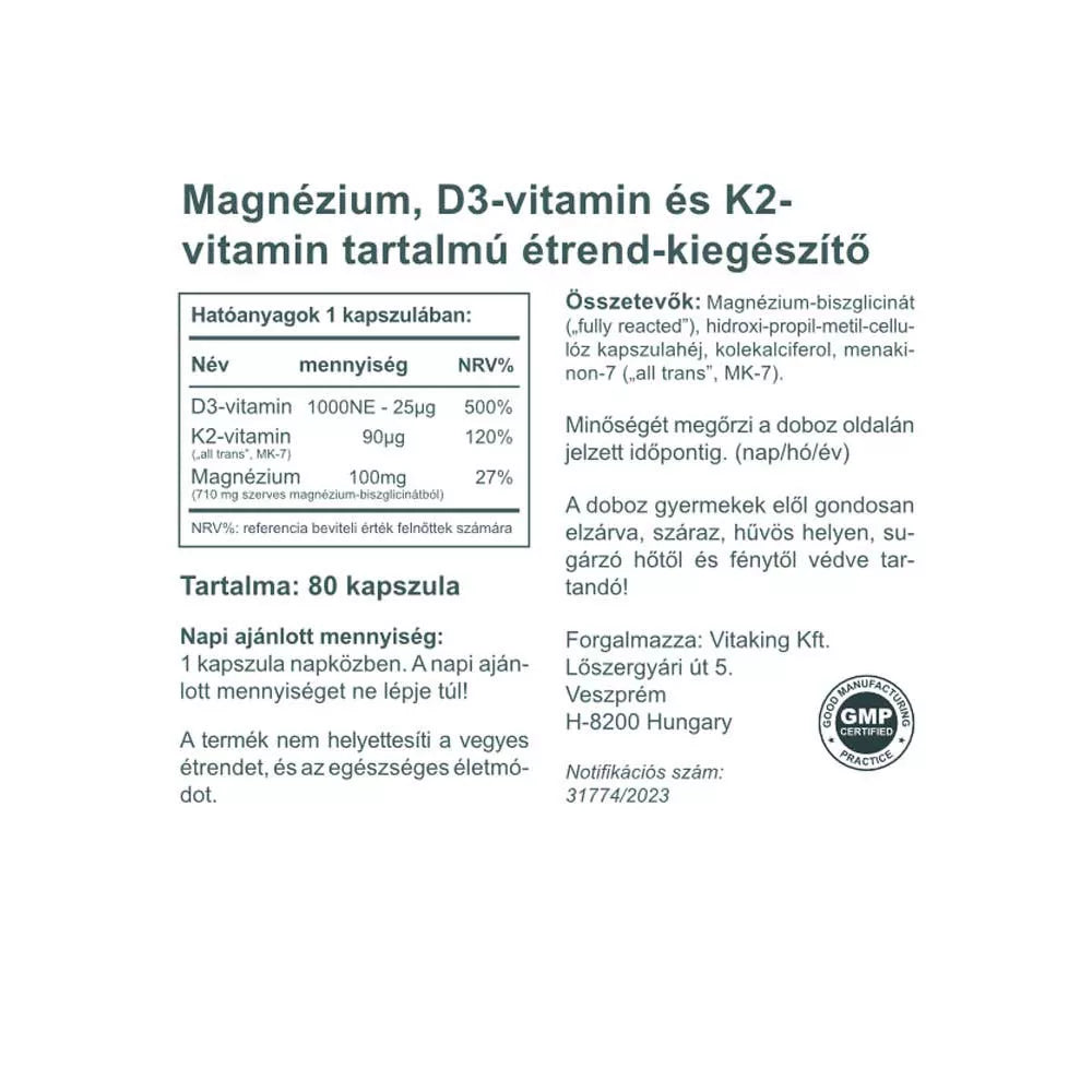 Vitaking MagneTrio D3+K2+ Magnsium bisglycinate (80 Capsules)