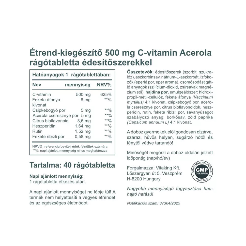 Vitaking Vitamin C-500 Acerola Raspberry (40 Chewables, Strawberry Pouch)