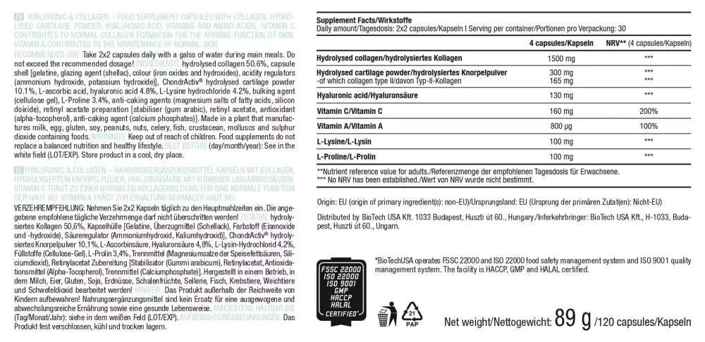 BioTechUSA Hyaluronic & Collagen (120 Capsules)