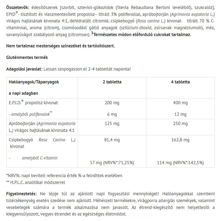 Natur Tanya S. EPID Propoliszos Szopogatós Tabletta C-Vitaminnal (20 db, Honey Lemon)